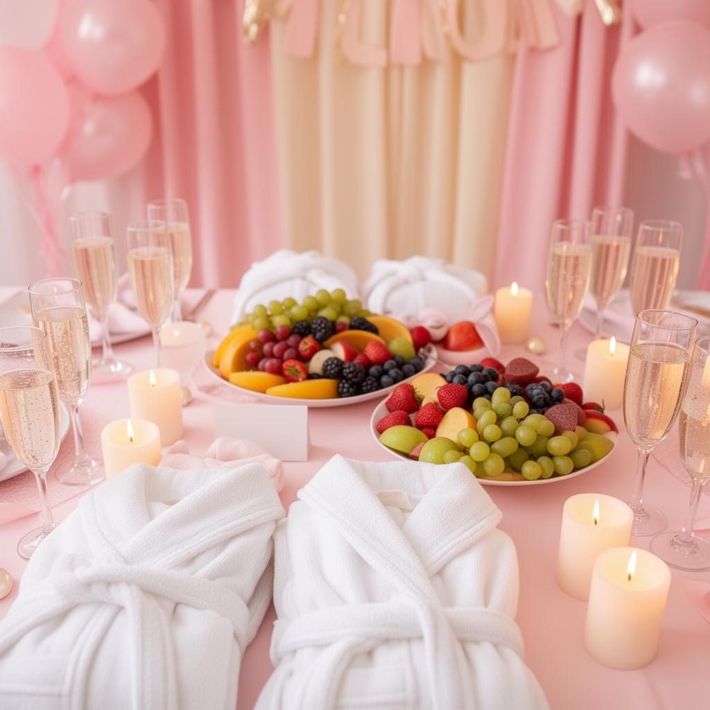 Kids spa party set up with robes, fruit and candles